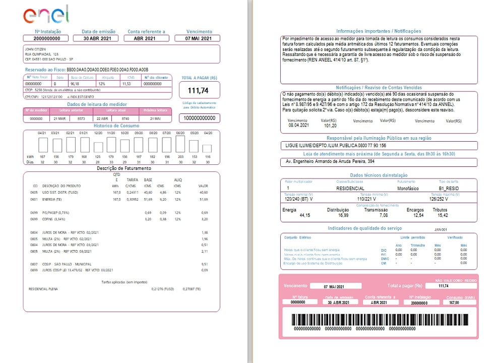 Brazil ENEL electricity utility bill (2 pages)